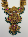 Antique Gold Lakshmi Temple Haram Set with Green Bead Drops