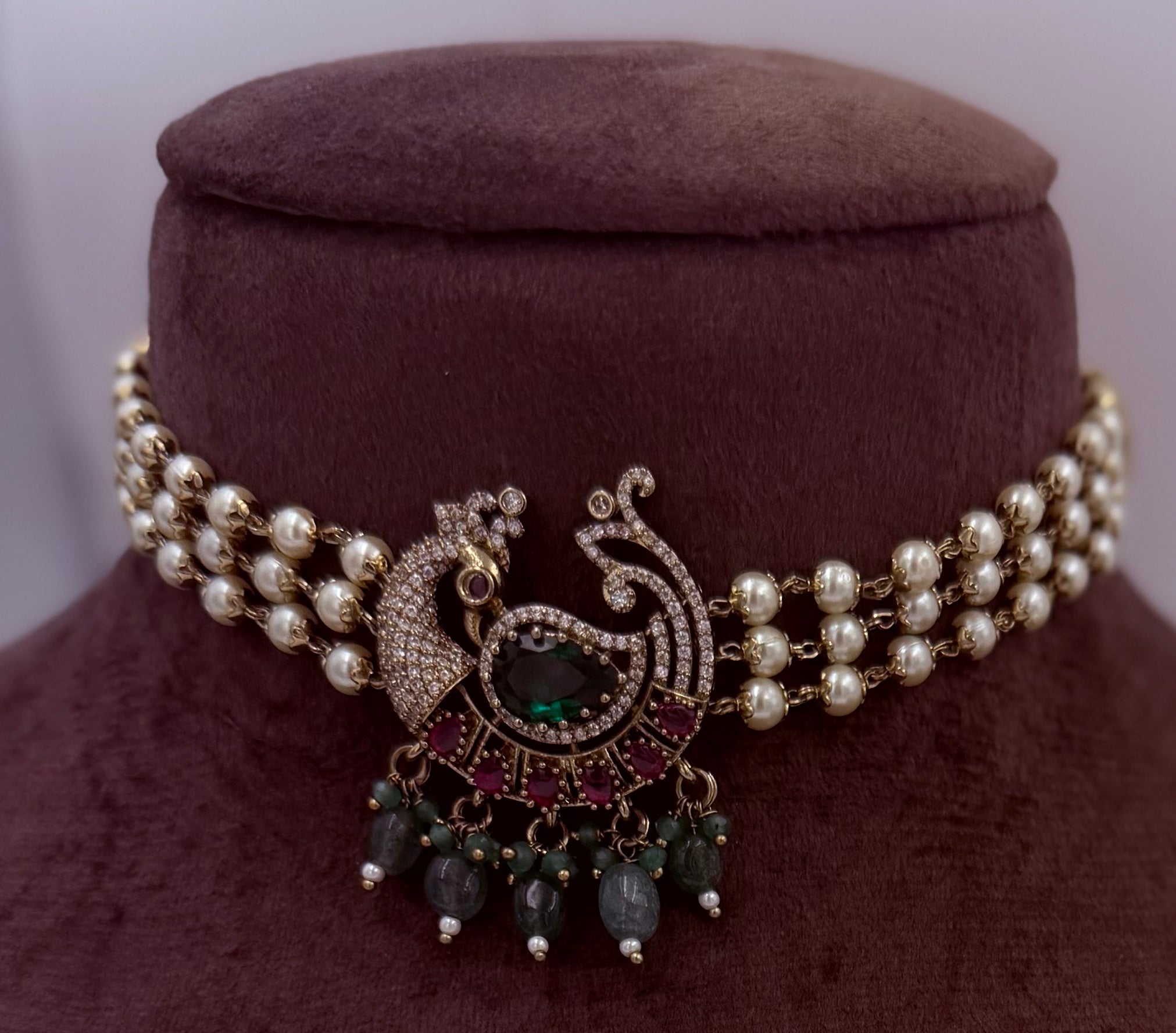 Emerald Peacock Silver-Tone Choker Set