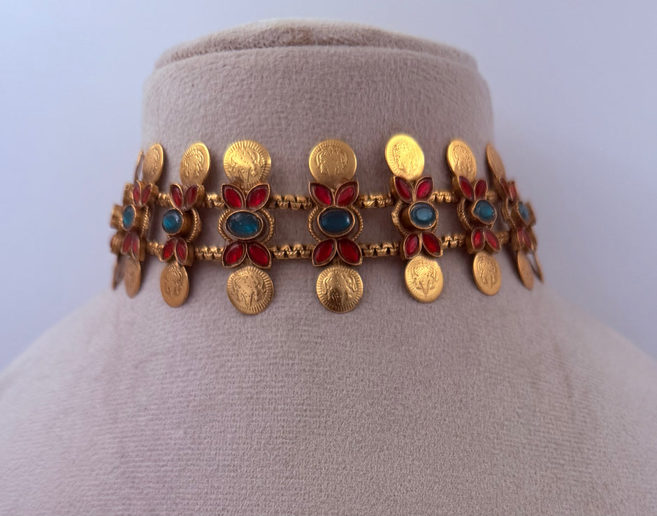 Traditional Floral Coin Choker Set with Matching Earrings