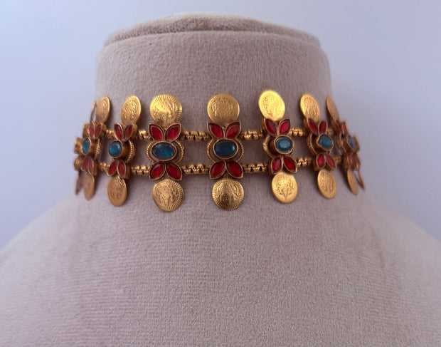Traditional Floral Coin Choker Set with Matching Earrings
