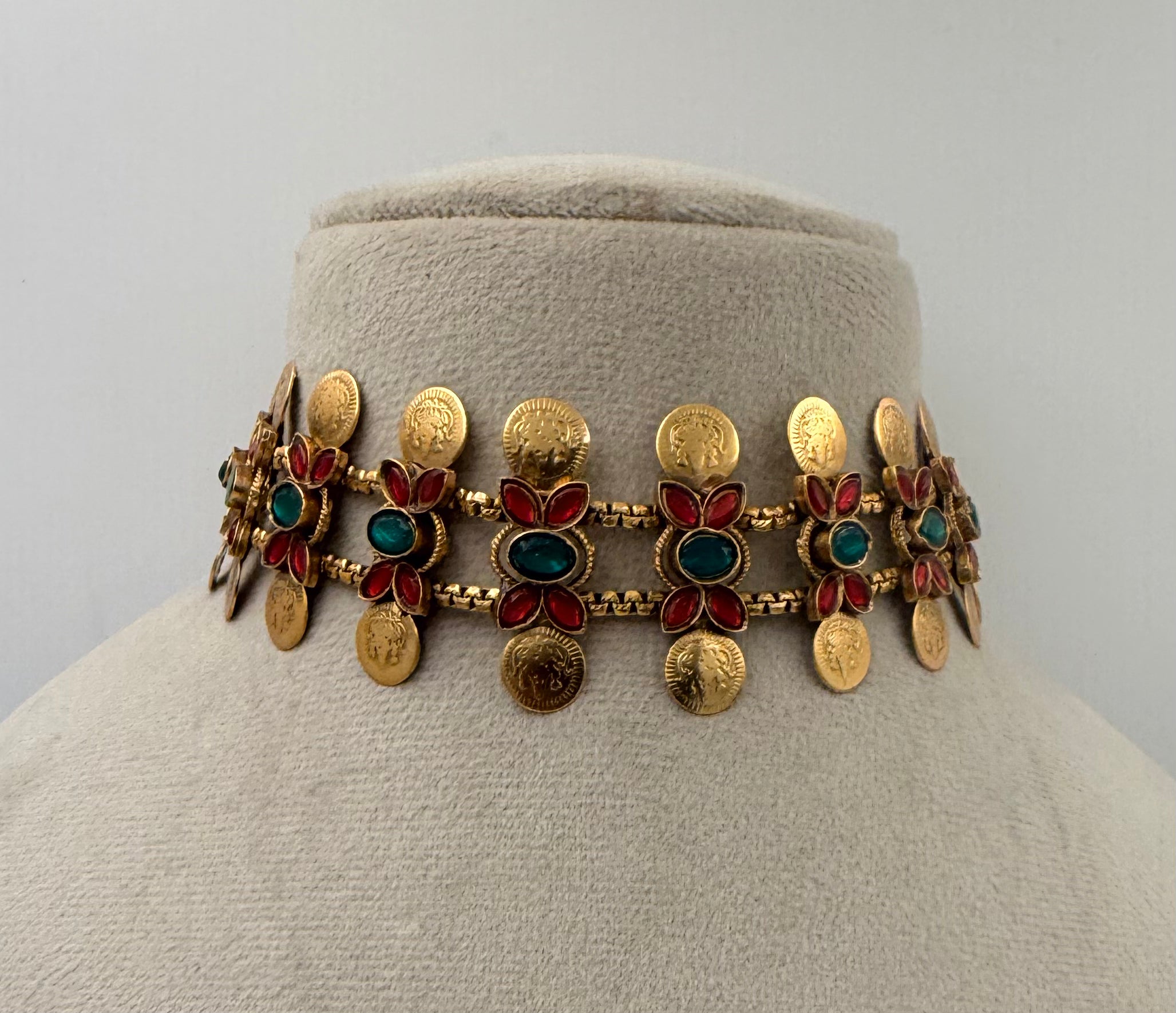 Traditional Floral Coin Choker Set with Matching Earrings