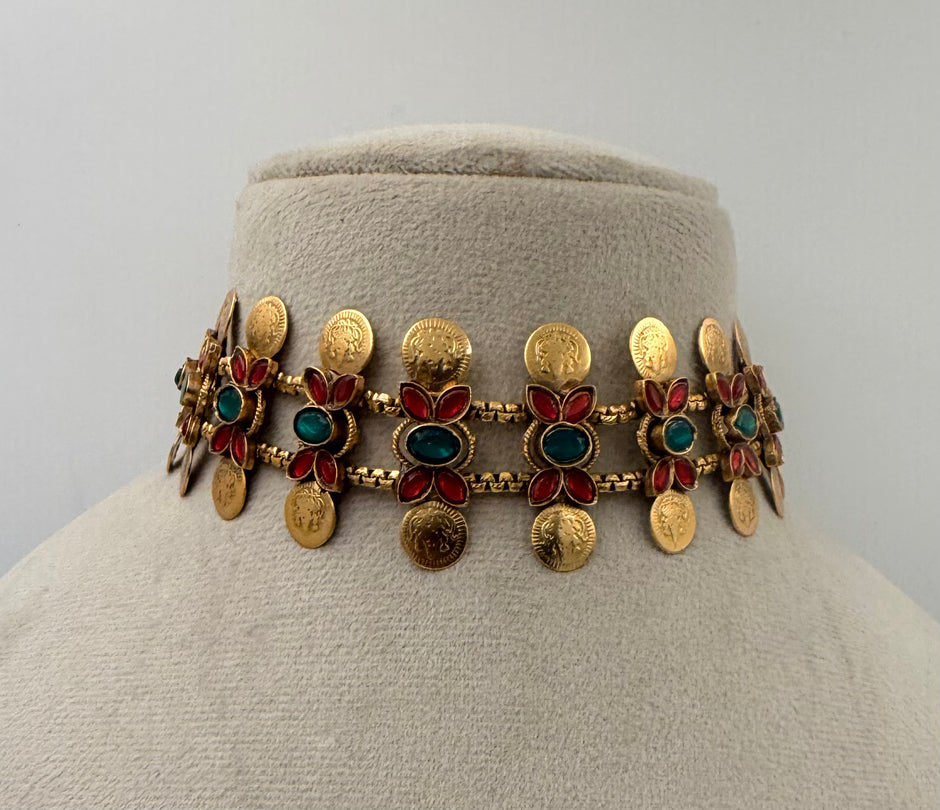 Traditional Floral Coin Choker Set with Matching Earrings