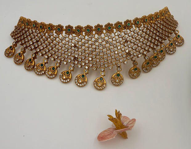 Emerald & White Stone Floral Choker Set