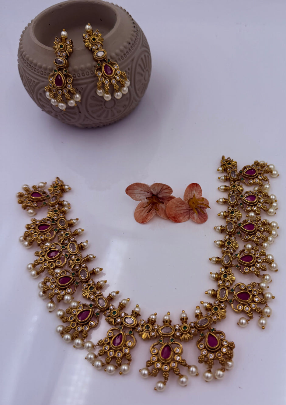 Royal Ruby & Pearl Designer Necklace Set