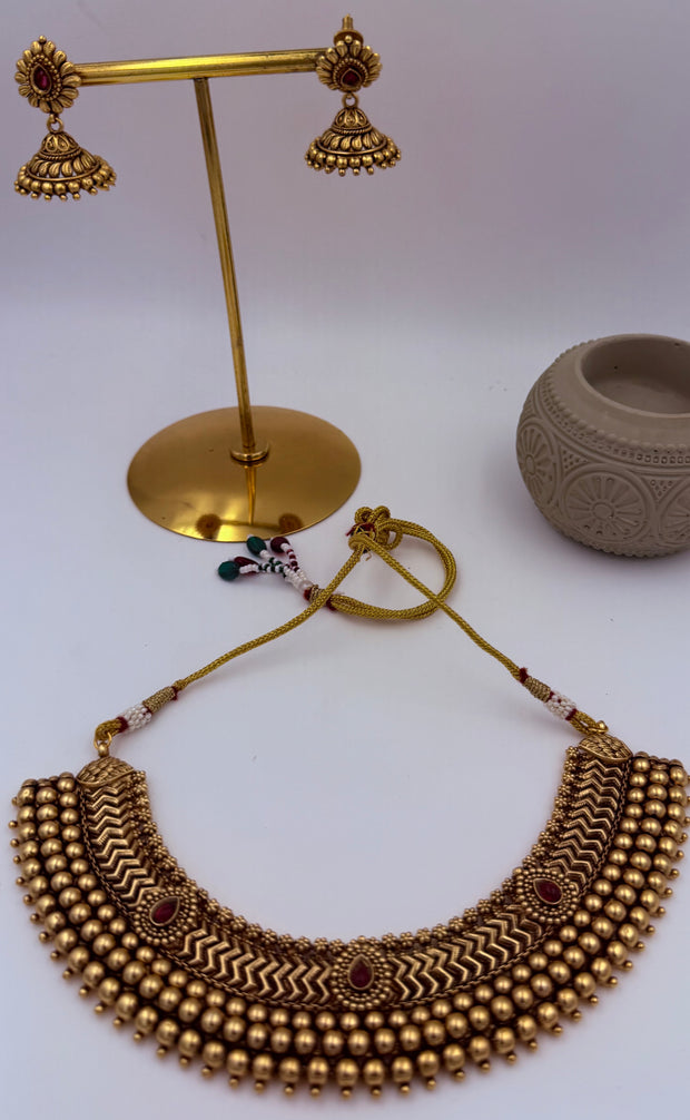 Antique Gold Ruby Kundan Beaded Choker Set