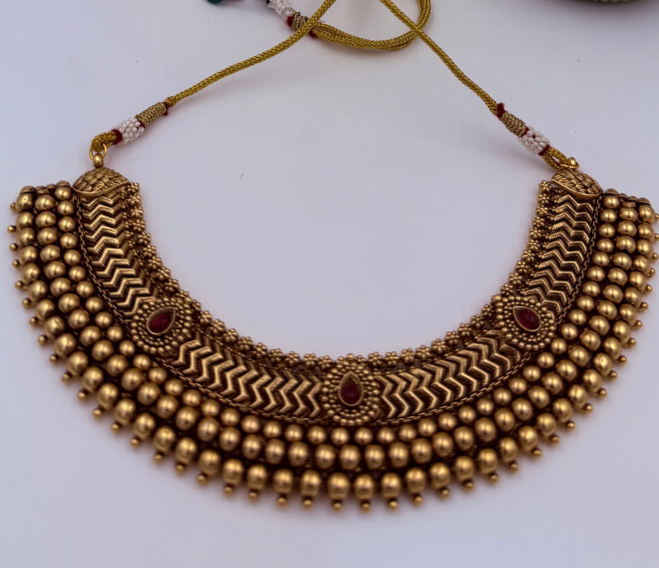 Antique Gold Ruby Kundan Beaded Choker Set