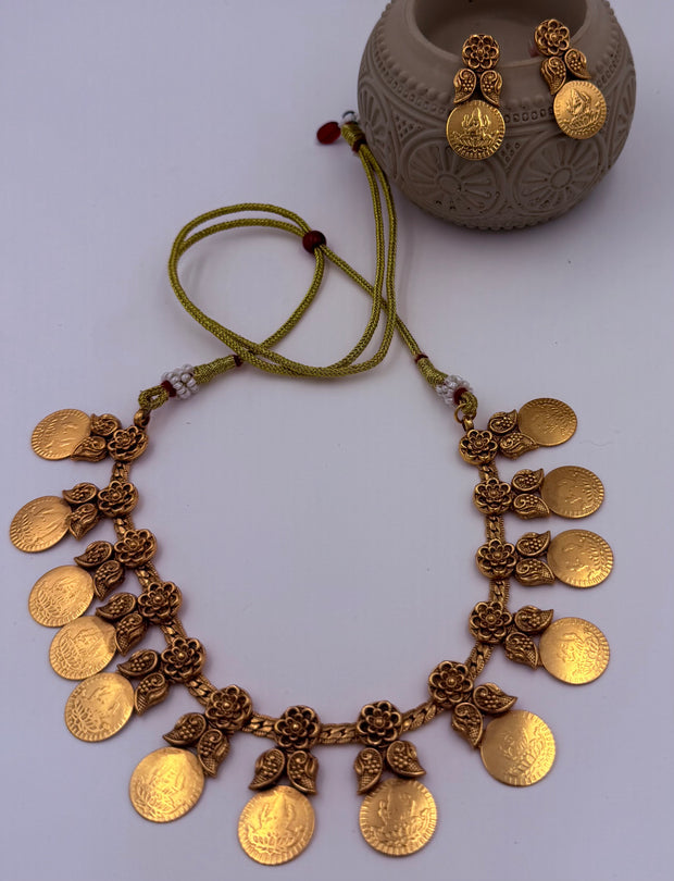 Antique Gold Coin Necklace & Earring Set