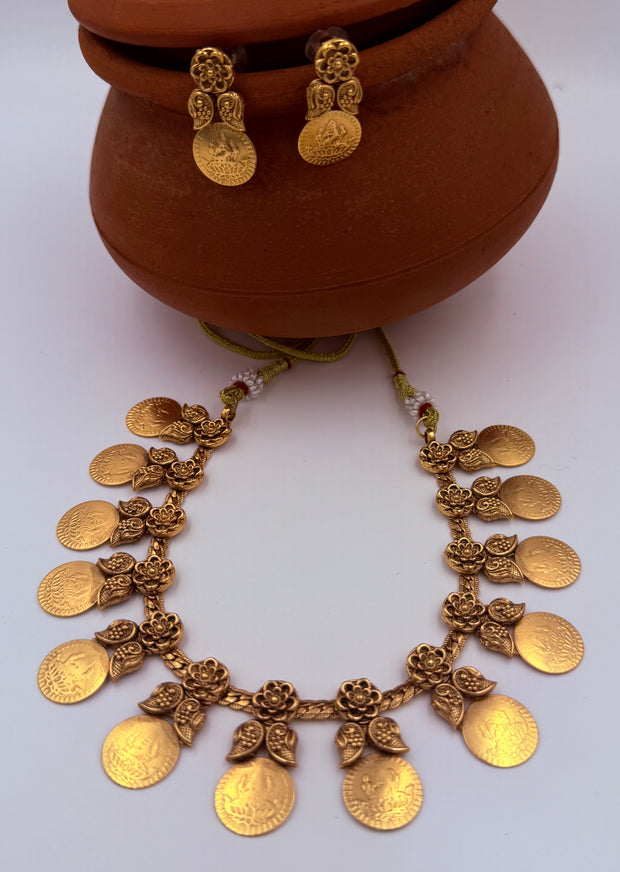 Antique Gold Coin Necklace & Earring Set
