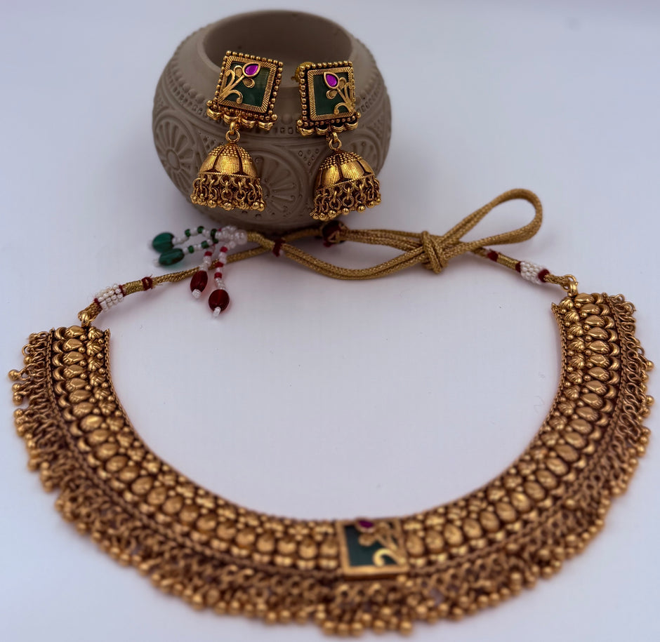 Antique Gold Temple Necklace Set with Matching Jhumka Earrings
