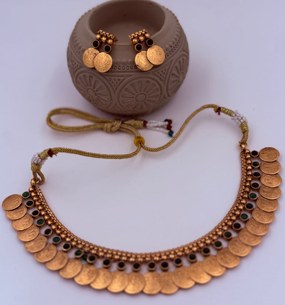 Antique Coin & Green Stone Necklace Set