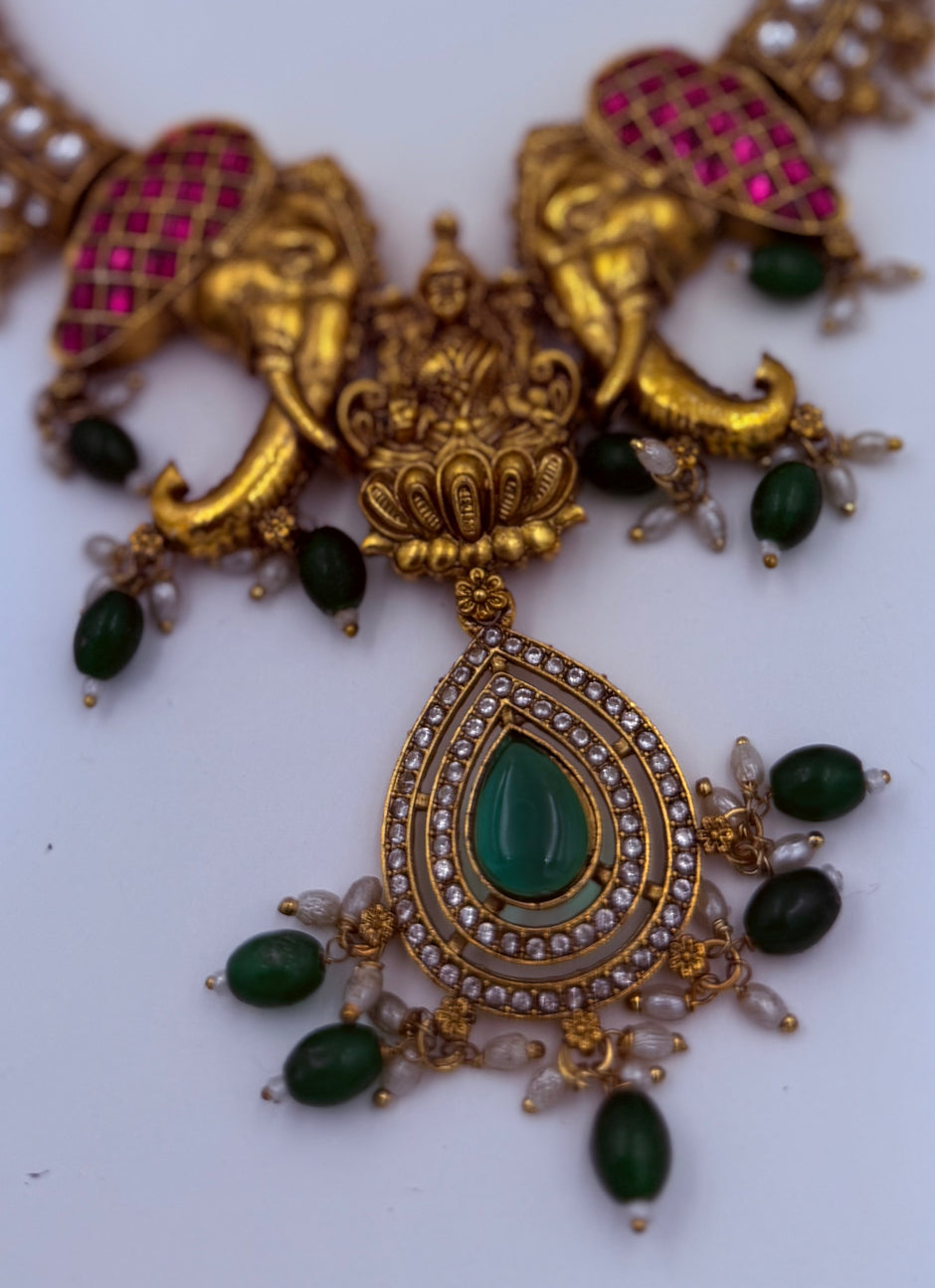 Lakshmi Elephant Ruby & Emerald Necklace Set