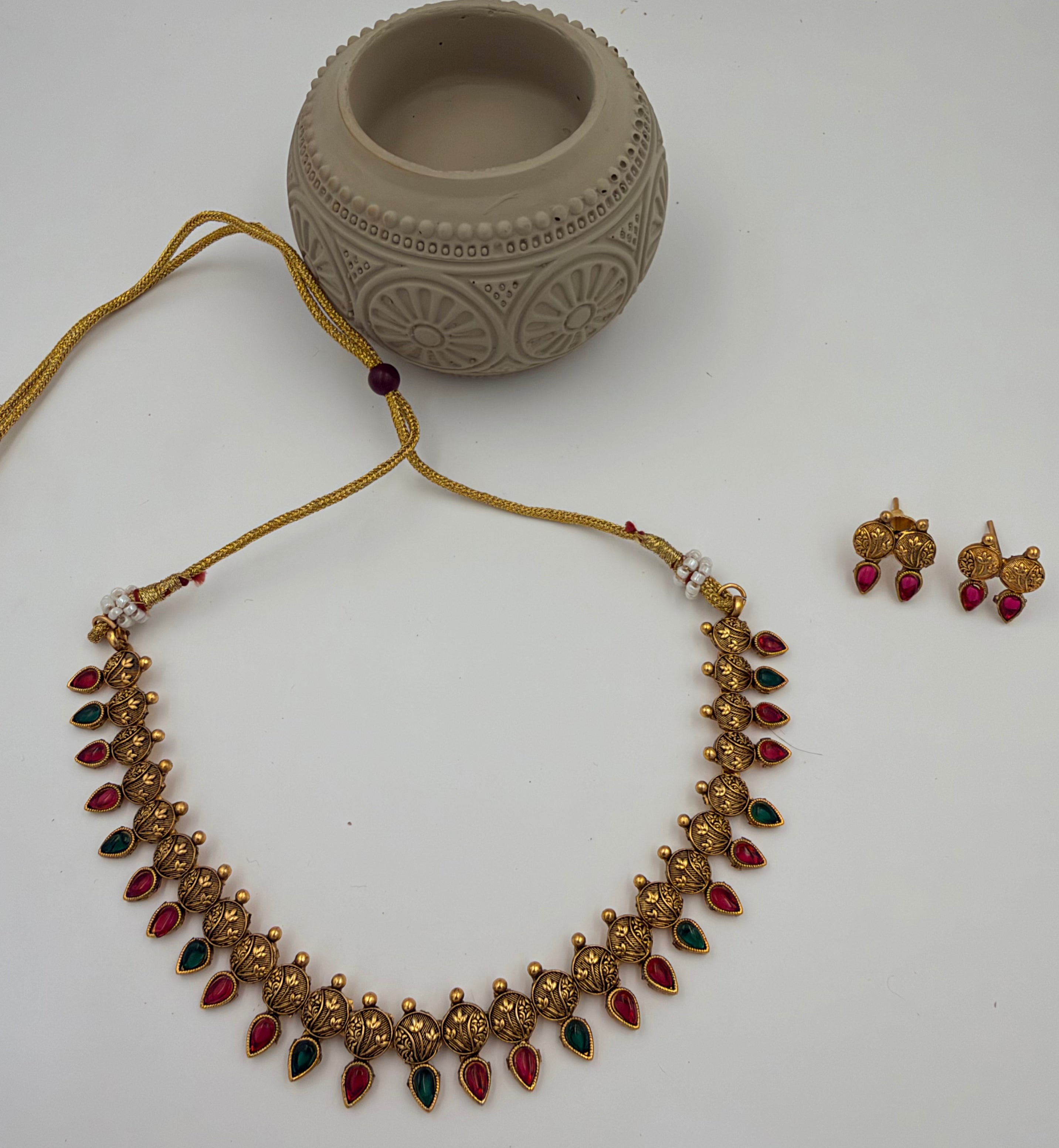 Antique Coin & Ruby Emerald Drops Necklace Set