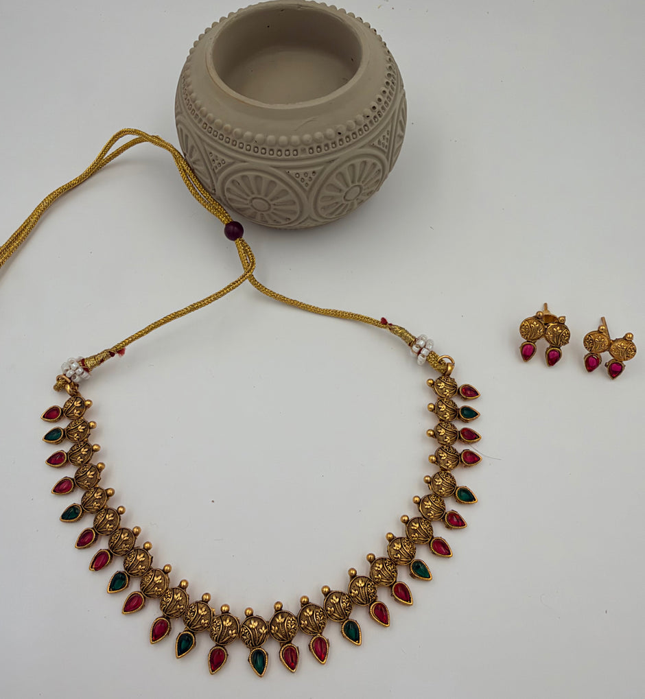 Antique Coin & Ruby Emerald Drops Necklace Set