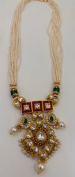 Kundan Pearl Necklace Set with Green & Ruby Stones