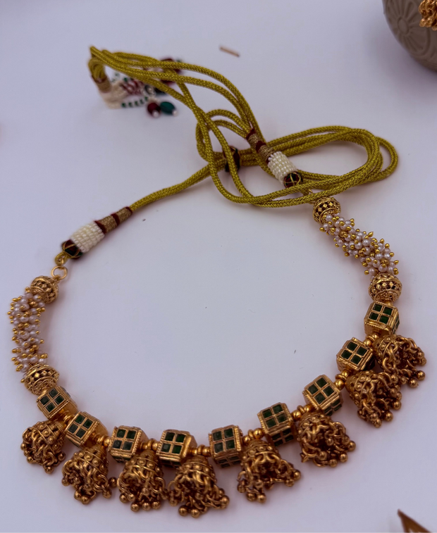 Emerald Beaded Jhumka Necklace Set