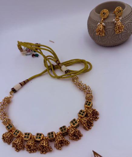 Emerald Beaded Jhumka Necklace Set