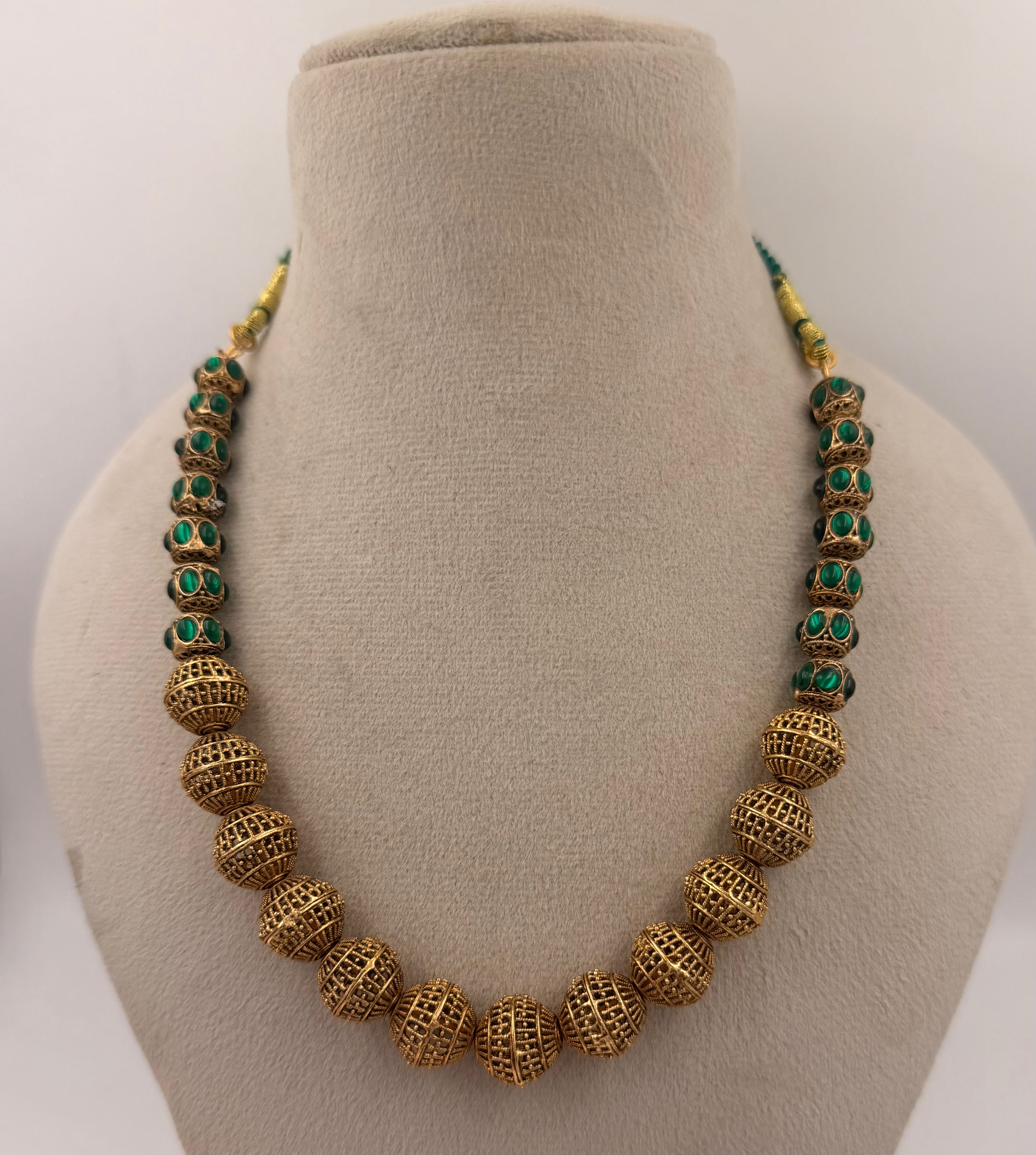 Antique Gold Beaded Necklace Set with Green Stone Accents