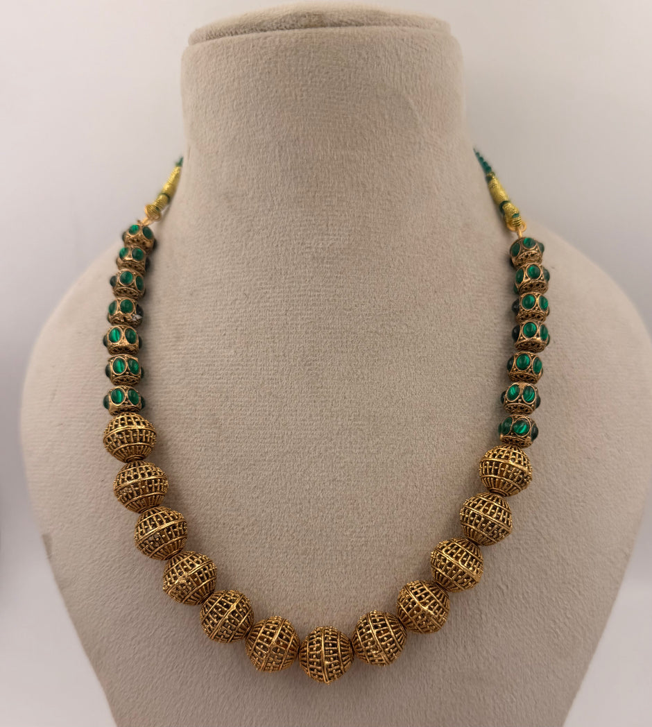 Antique Gold Beaded Necklace Set with Green Stone Accents