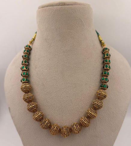 Antique Gold Beaded Necklace Set with Green Stone Accents