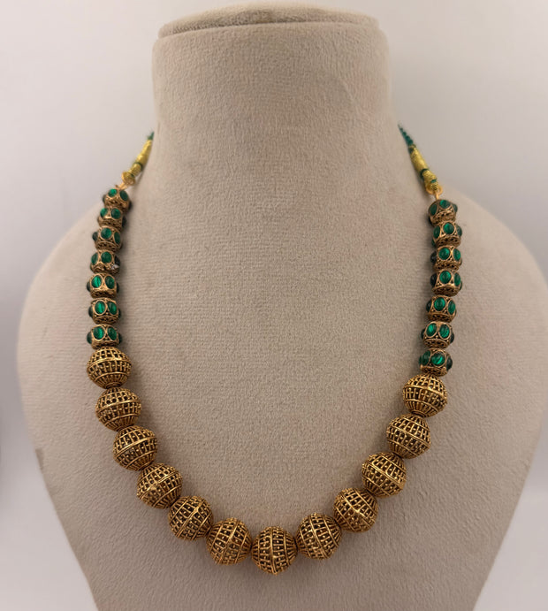 Antique Gold Beaded Necklace Set with Green Stone Accents