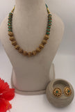 Antique Gold Beaded Necklace Set with Green Stone Accents