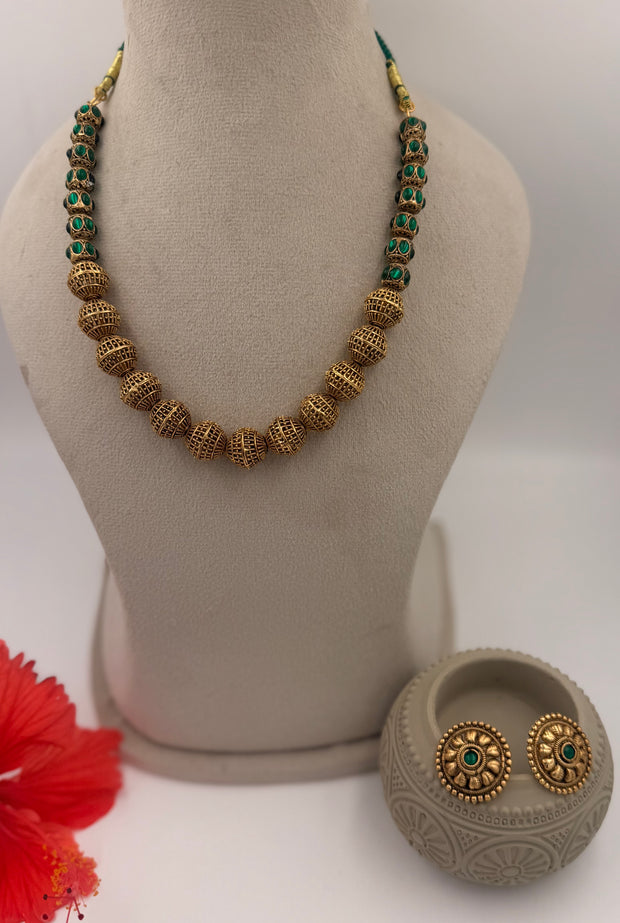 Antique Gold Beaded Necklace Set with Green Stone Accents