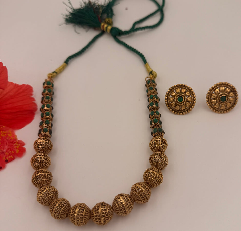 Antique Gold Beaded Necklace Set with Green Stone Accents