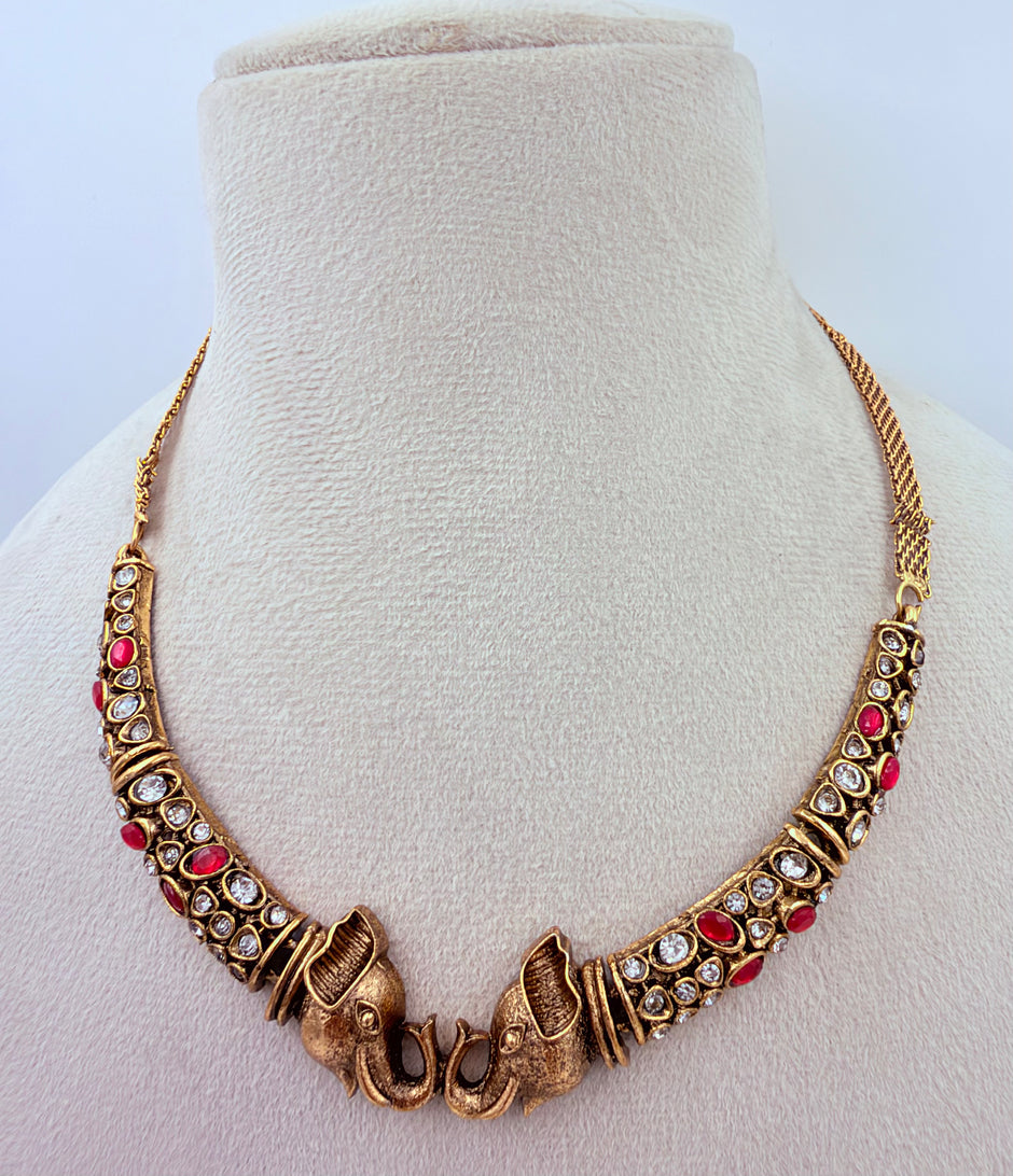 Antique Gold Elephant Design Adjustable Choker Necklace Set