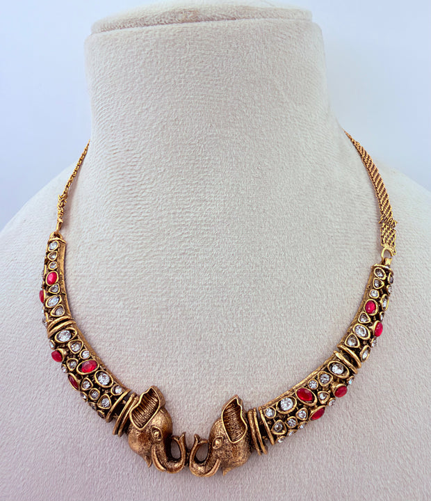 Antique Gold Elephant Design Adjustable Choker Necklace Set