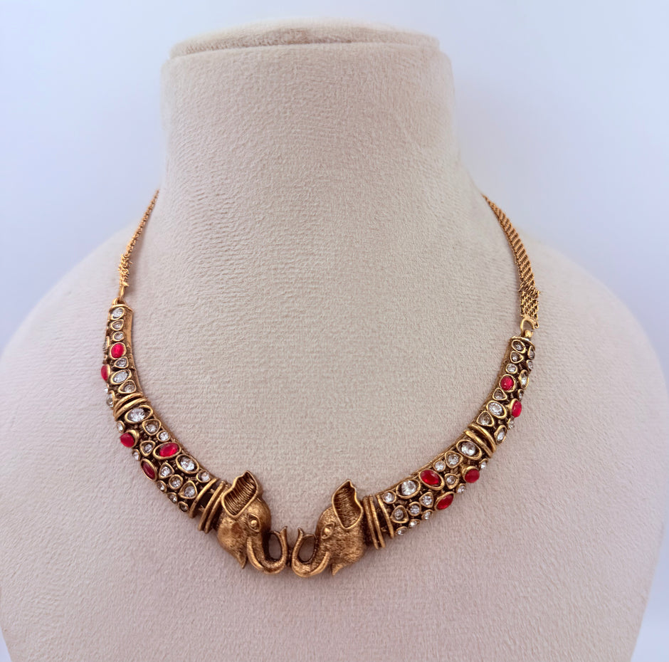 Antique Gold Elephant Design Adjustable Choker Necklace Set