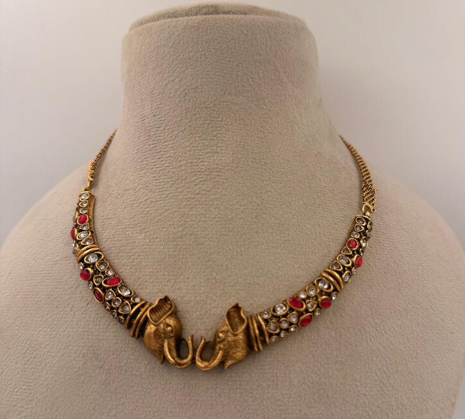 Antique Gold Elephant Design Adjustable Choker Necklace Set
