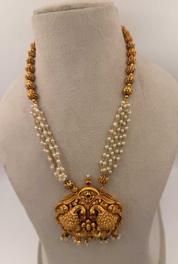 Antique Gold Peacock Pendant Pearl Necklace Set