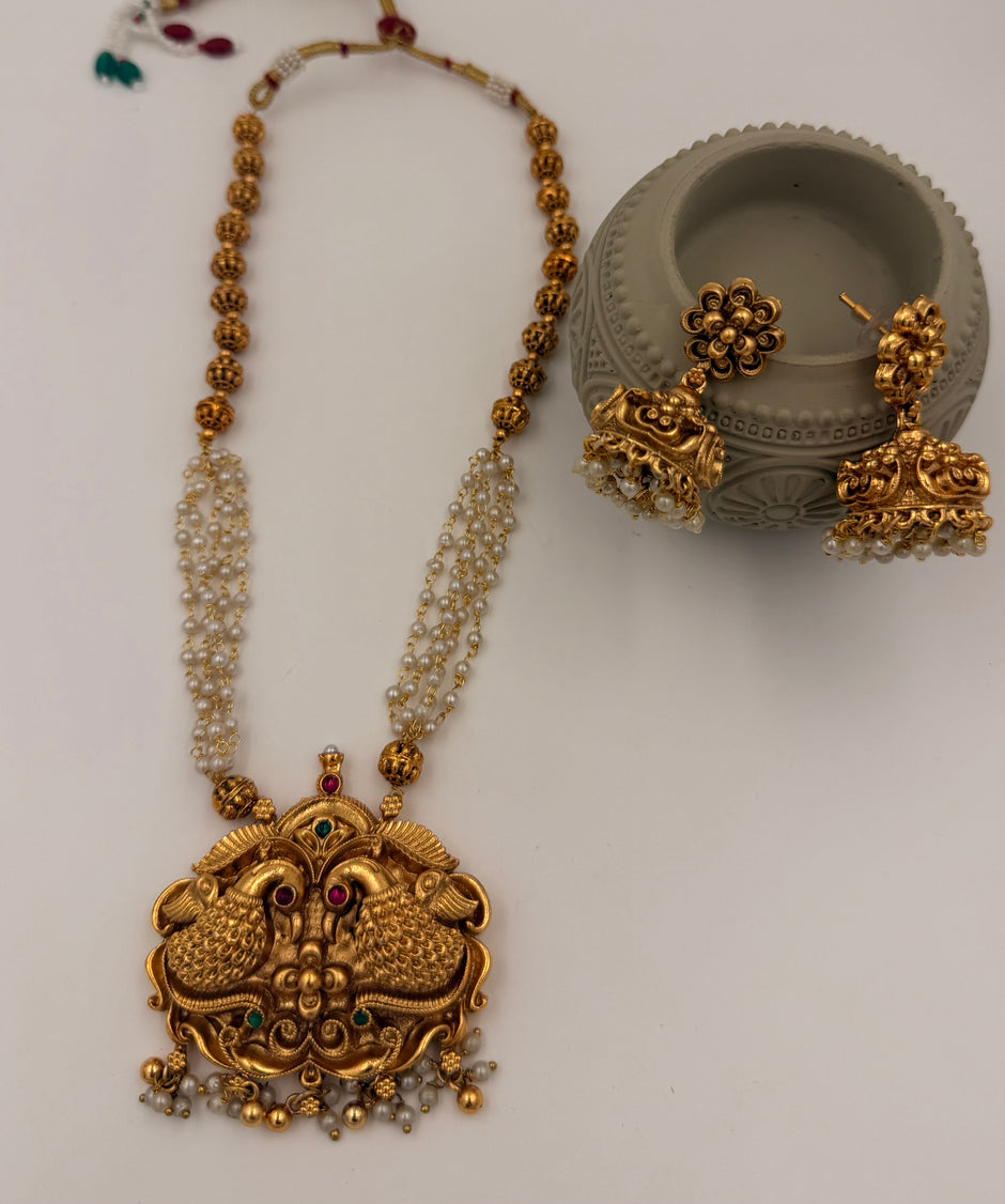 Antique Gold Peacock Pendant Pearl Necklace Set