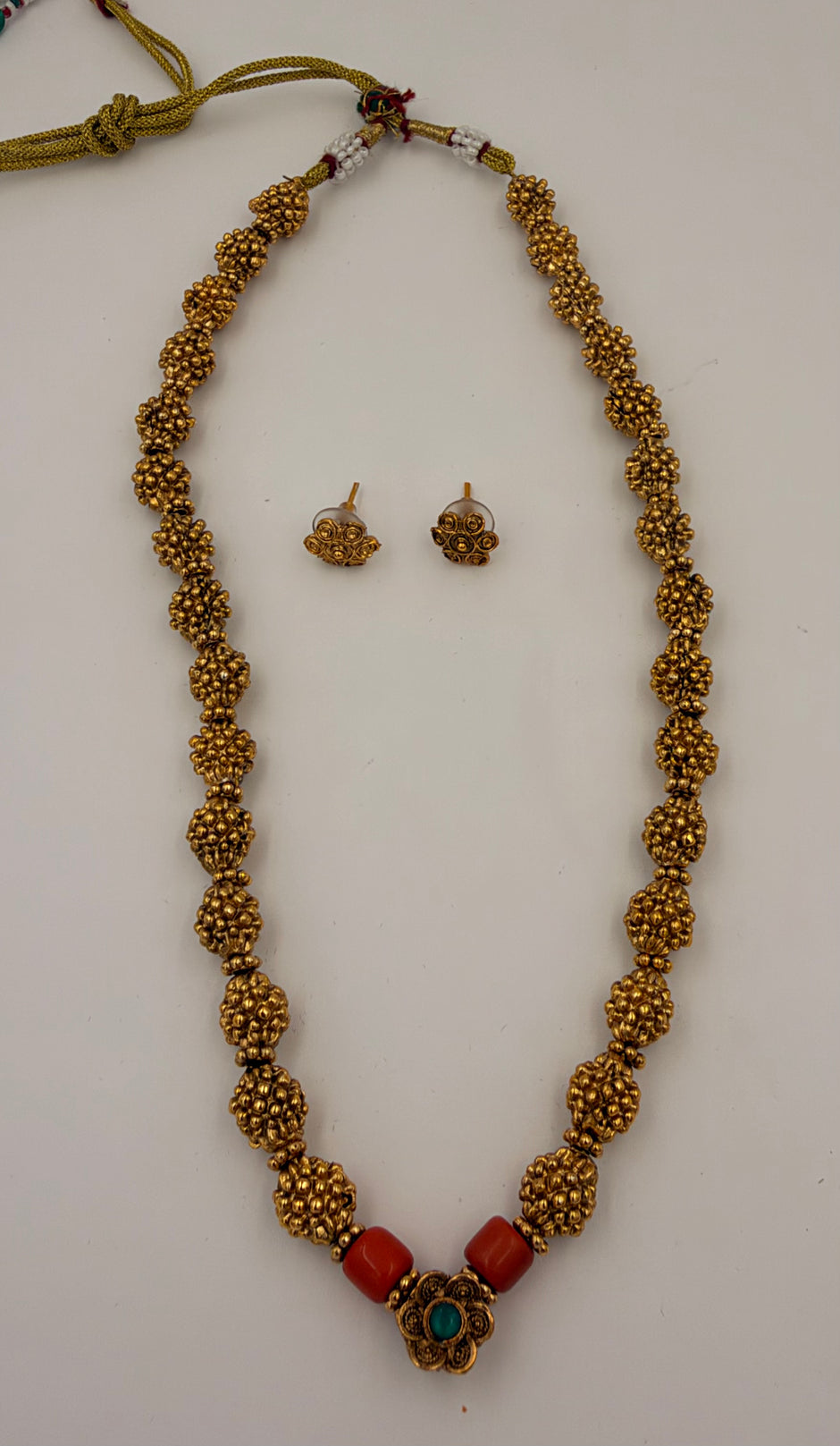 Antique Gold Beaded Necklace Set with Coral Red Beads