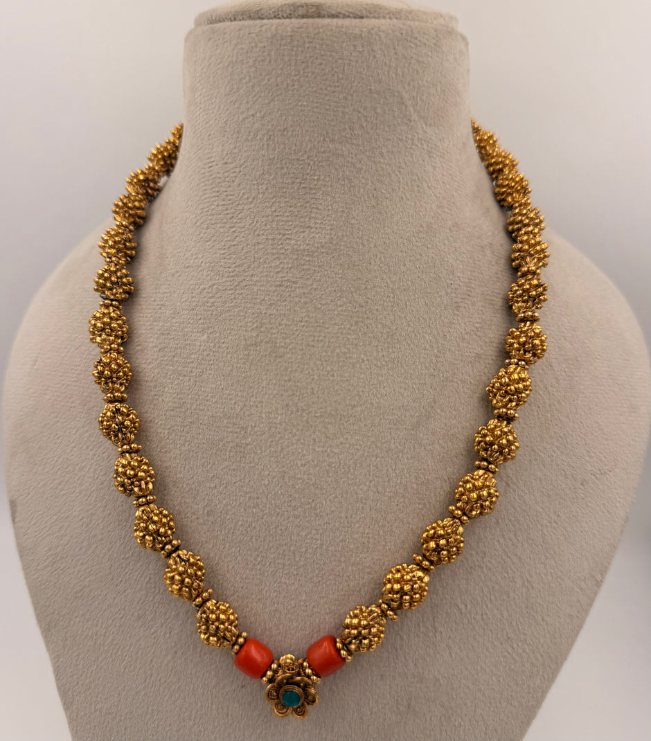 Antique Gold Beaded Necklace Set with Coral Red Beads