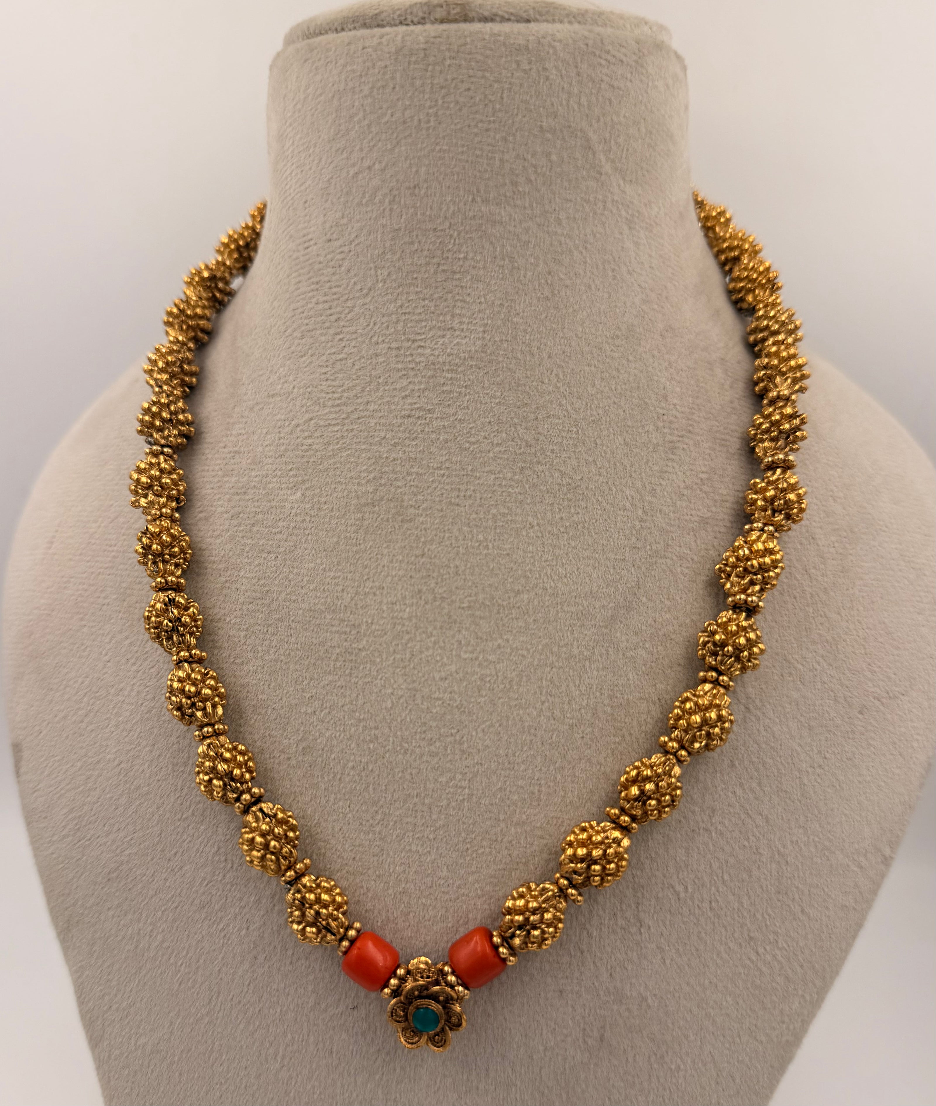 Antique Gold Beaded Necklace Set with Coral Red Beads