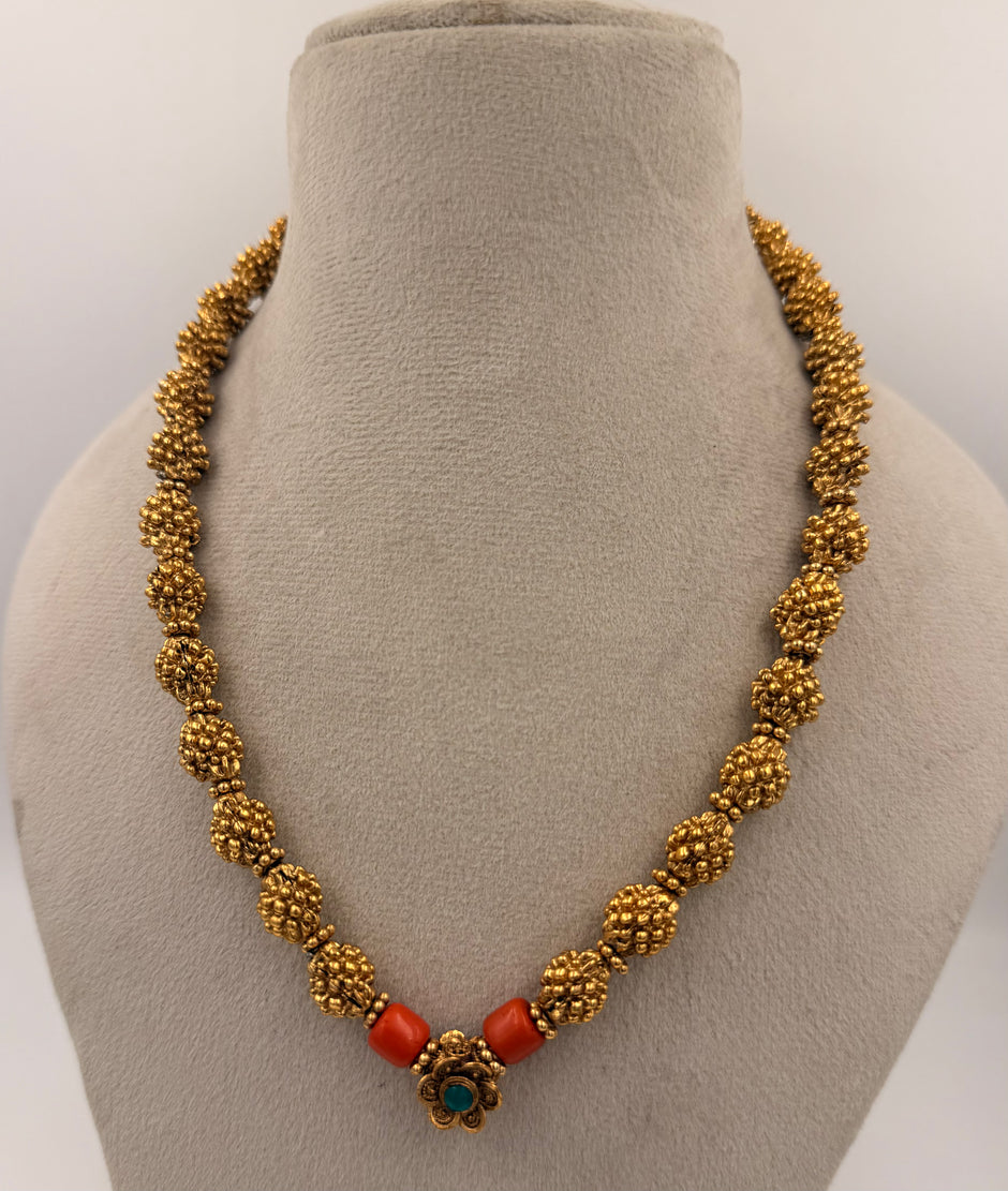 Antique Gold Beaded Necklace Set with Coral Red Beads