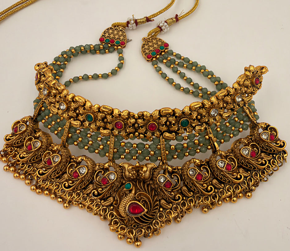 Grand Antique Gold Peacock Choker Necklace Set