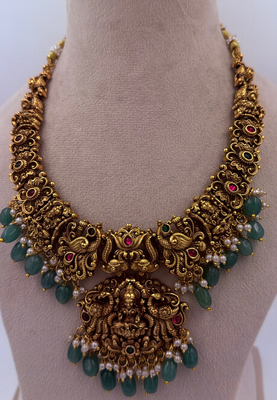 Antique Gold Lakshmi Temple Necklace Set with Green Beads