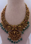 Antique Gold Lakshmi Temple Necklace Set with Green Beads