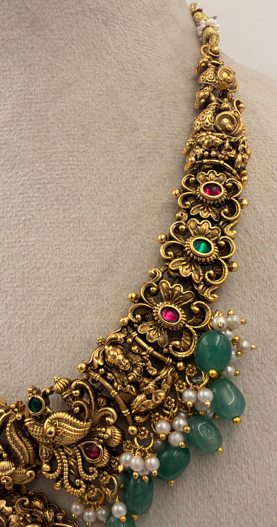 Antique Gold Lakshmi Temple Necklace Set with Green Beads
