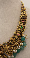 Antique Gold Lakshmi Temple Necklace Set with Green Beads