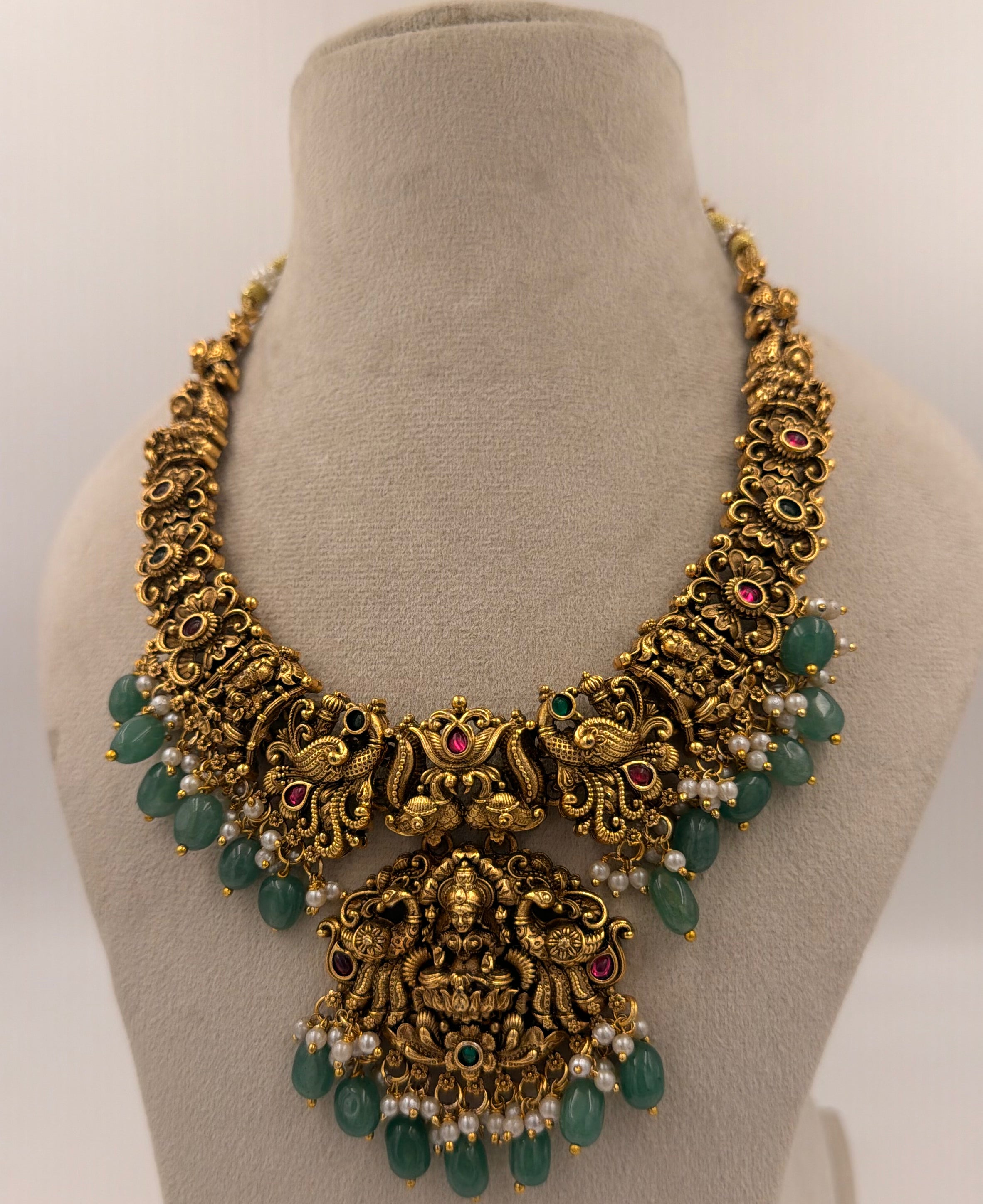 Antique Gold Lakshmi Temple Necklace Set with Green Beads