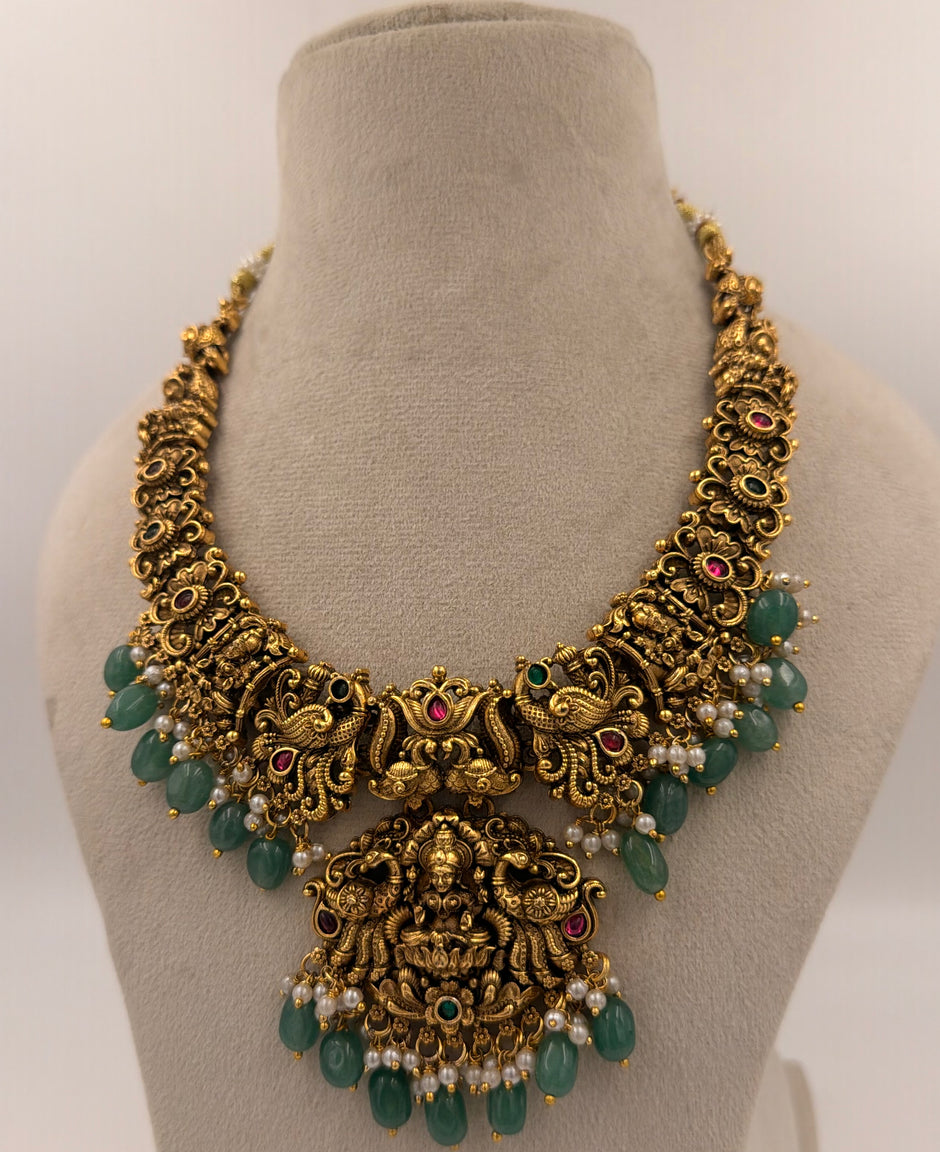 Antique Gold Lakshmi Temple Necklace Set with Green Beads