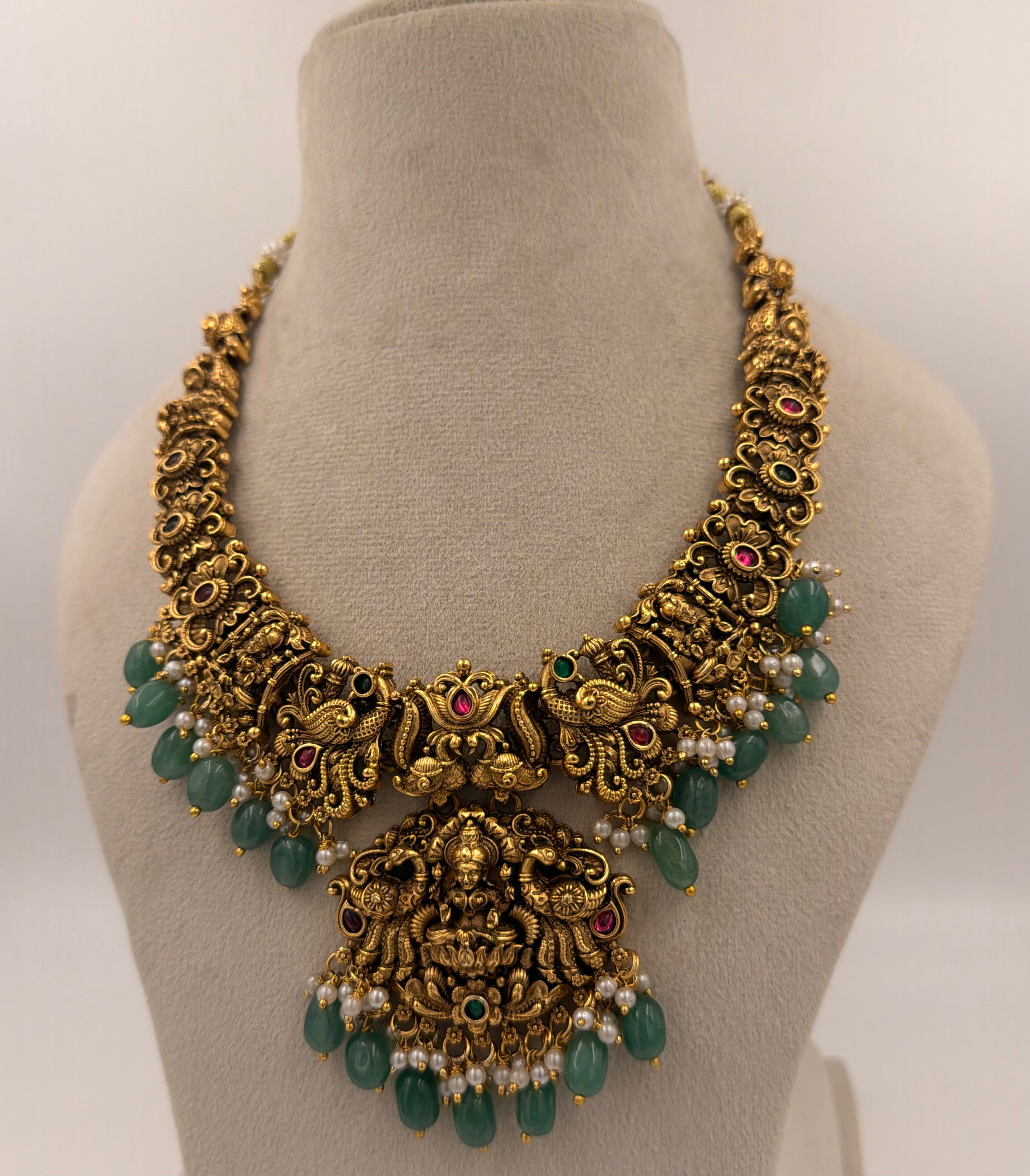 Antique Gold Lakshmi Temple Necklace Set with Green Beads