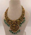 Antique Gold Lakshmi Temple Necklace Set with Green Beads