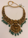 Antique Gold Lakshmi Temple Necklace Set with Green Beads
