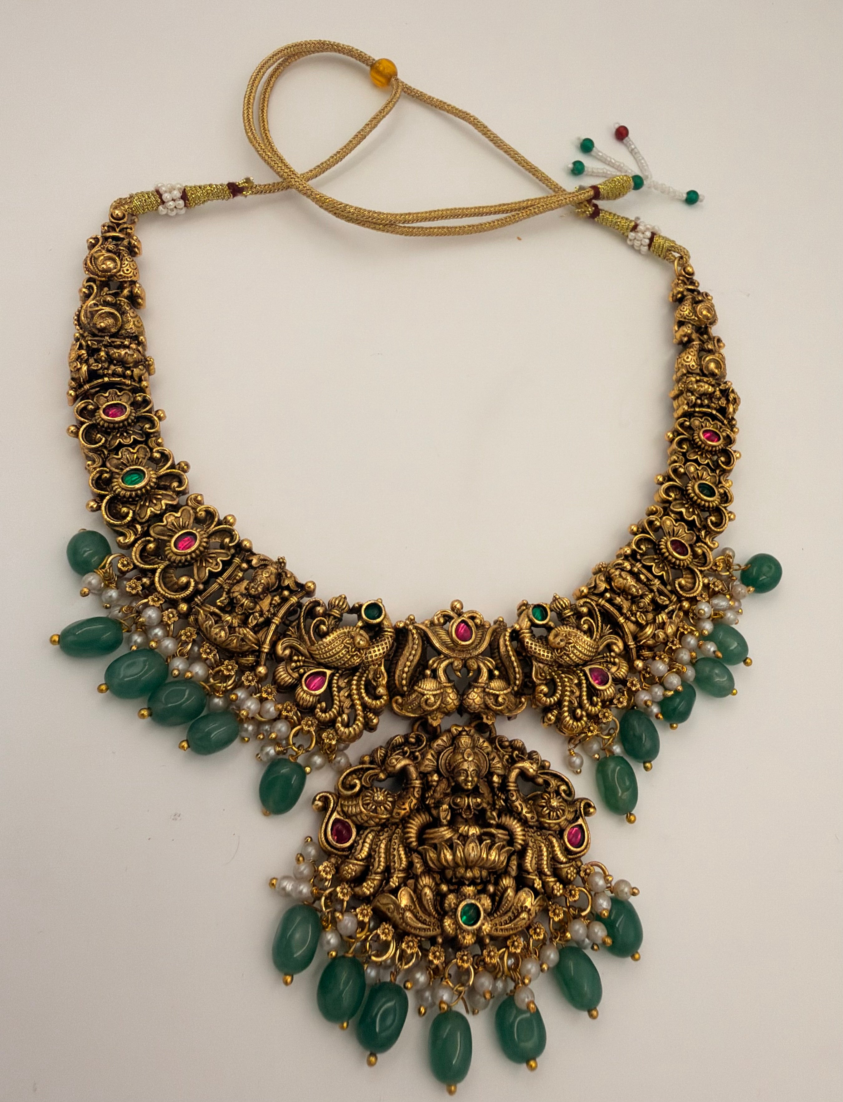 Antique Gold Lakshmi Temple Necklace Set with Green Beads