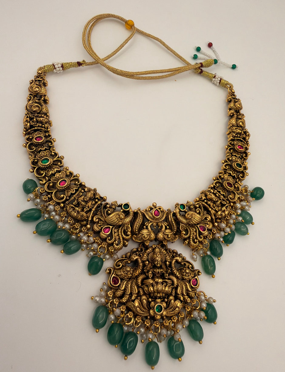 Antique Gold Lakshmi Temple Necklace Set with Green Beads
