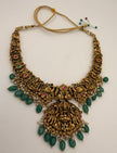 Antique Gold Lakshmi Temple Necklace Set with Green Beads